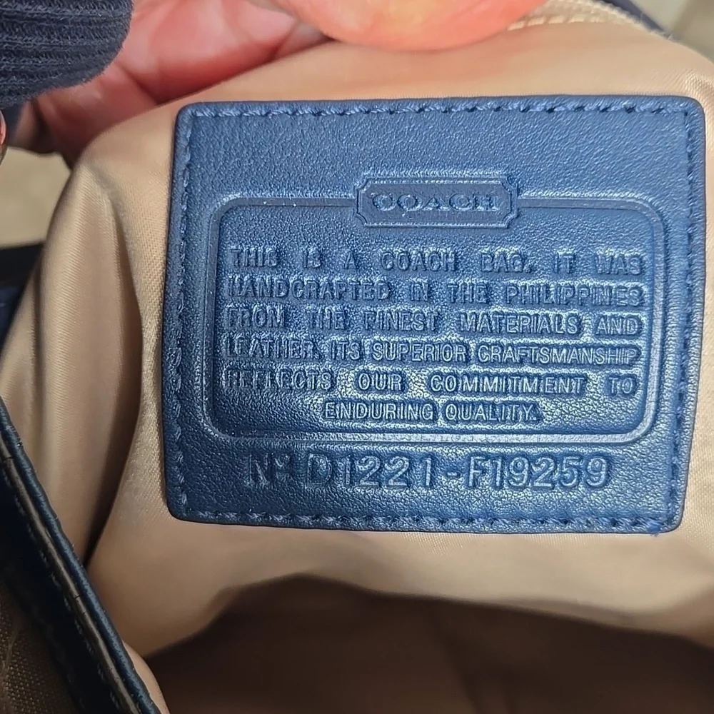 Coach Penelope Tan and Blue Satin With Patent Leather Crossbody Bag